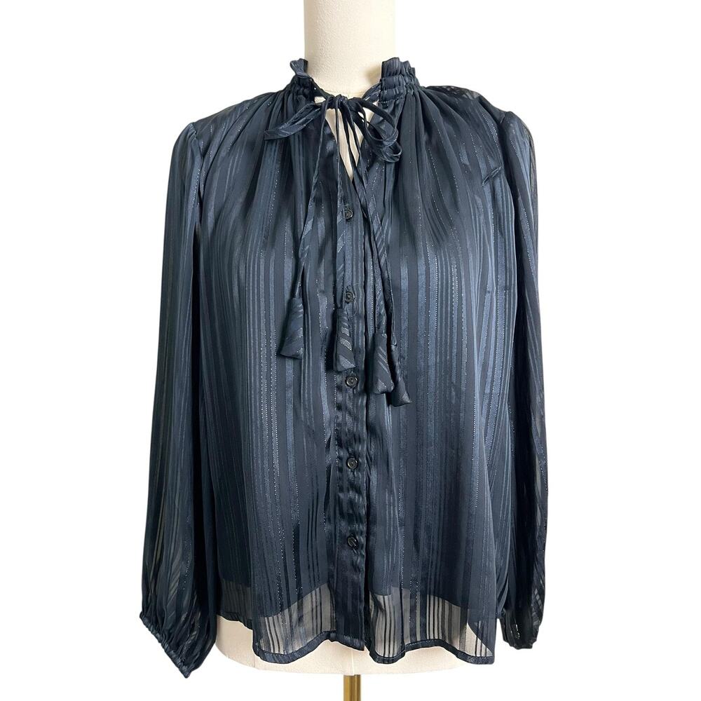 Zac & Rachel Blouse Womens Small Blue Stripe Sheer High Neck Tie Top Long Sleeve